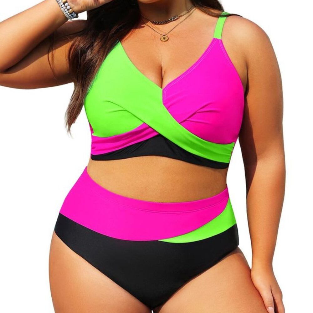 Tempt Me Two Piece Pink Multi Color High Waist Tummy Control Size: 12W
